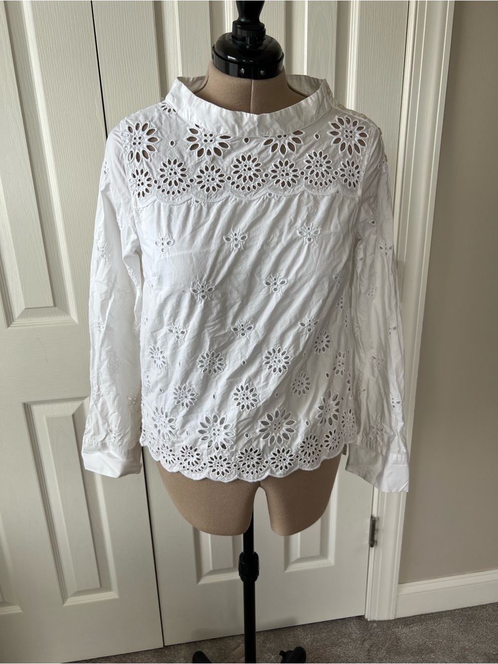 J. Crew White Eyelet Cotton Blouse with Scalloped Hem